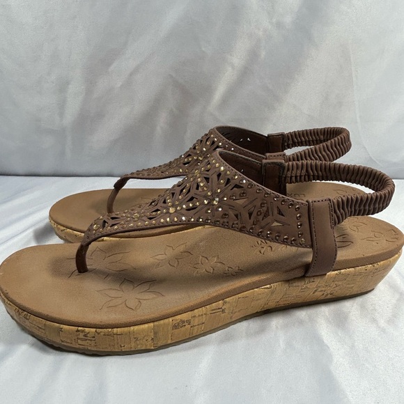 SKECHERS Womens Cork Wedge Thong Sandals Size 10 Brown Rhinestone Brie Dally - Picture 7 of 12